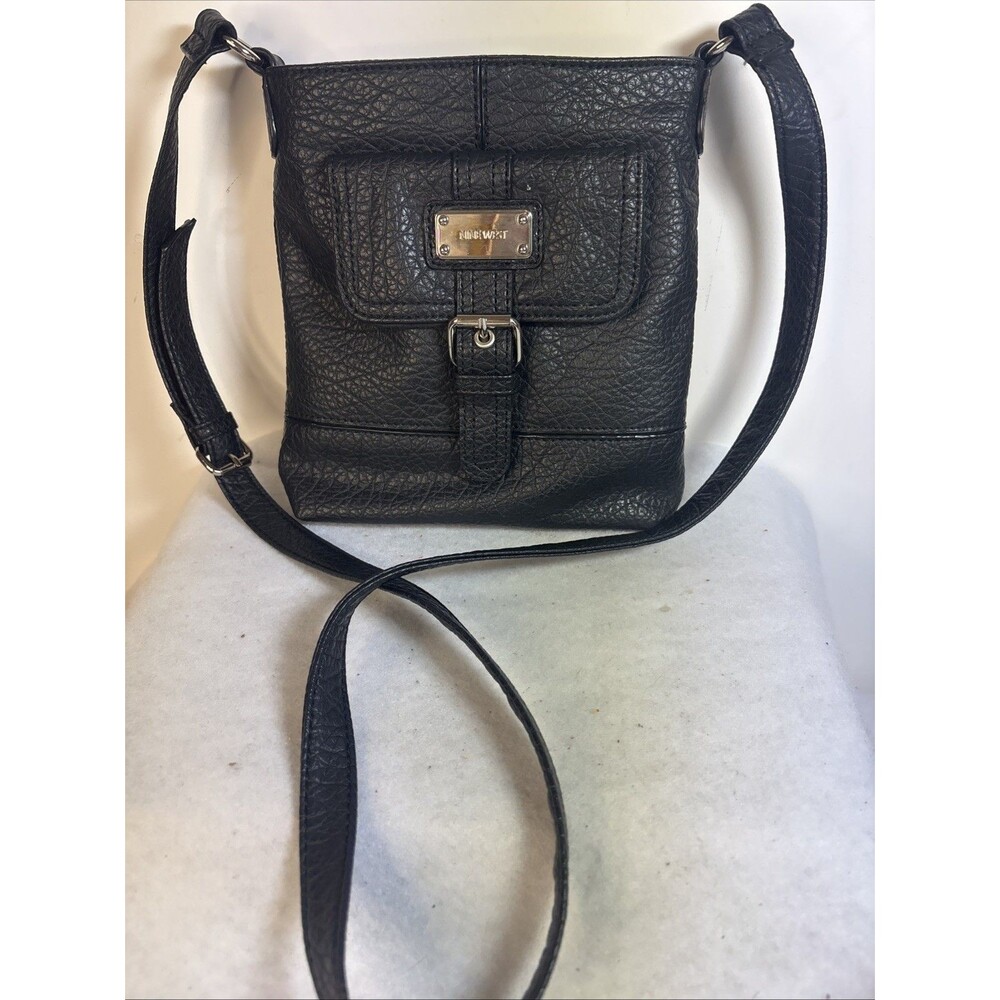 Nine West Black Pebbled Crossbody Bag Faux Leather Front Pocket Buckle Purse